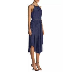 Ramy Brook Laurel Halter Drawstring Handkerchief Midi Dress in Navy